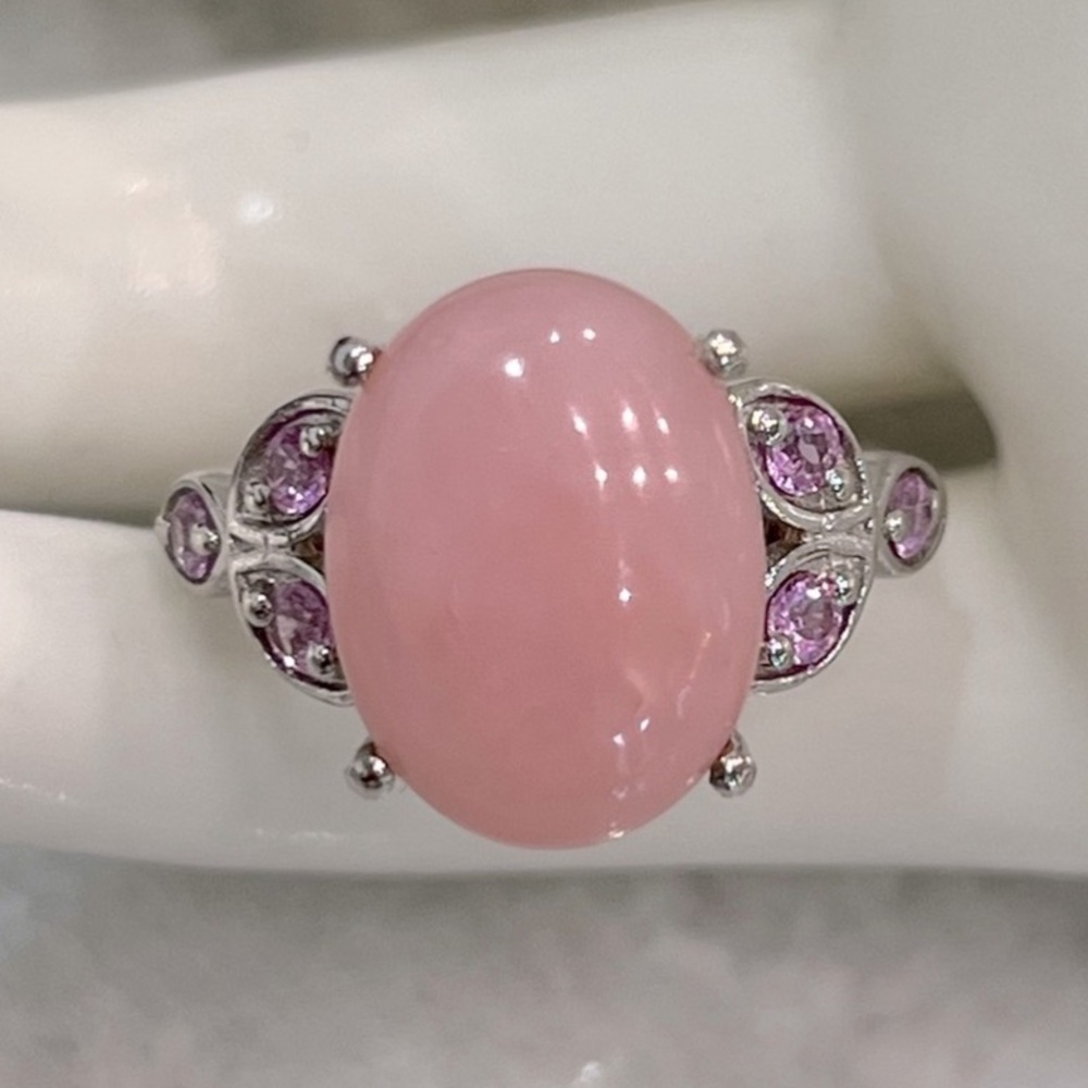 Peruvian Pink Opal with Madagascar Pink Sapphire Sterling Silver Ring Sz 8